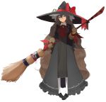  1girl black_dress blue_eyes bow bowtie broom brown_gloves brown_hair coat dress full_body gloves hat hat_bow highres long_hair looking_at_viewer miruto_netsuki open_clothes open_coat original solo very_long_hair witch witch_hat 
