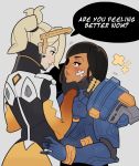  2girls black_hair blonde_hair blush english eye_contact highres looking_at_another mechanical_halo mercy_(overwatch) multiple_girls overwatch pharah_(overwatch) ponytail power_armor speech_bubble splashbrush yuri 