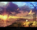  1girl chitose_rin landscape original prehistoric_animal scenery silhouette sun sunset tree 