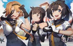  3girls akizuki_(kantai_collection) black_hair blue_eyes blush brown_hair gloves hair_flaps hair_ornament hairband hatsuzuki_(kantai_collection) headband kantai_collection long_hair looking_at_viewer multiple_girls open_mouth pg_(pgouwoderen) ponytail sandwich school_uniform serafuku short_hair smile teruzuki_(kantai_collection) 