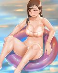  1girl arm_support bad_anatomy bad_leg bare_shoulders collarbone highres innertube long_hair looking_at_viewer momi_age navel parted_lips red_eyes smile solo spread_legs swimsuit tan tanline water 