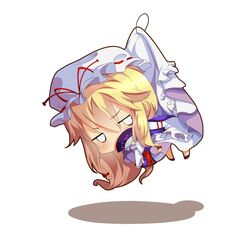  1girl absurdres annoyed blonde_hair bow chibi covering_mouth dress fan folding_fan hair_bow hanging hat hat_ribbon highres jitome long_hair long_sleeves looking_to_the_side outline purple_shoes ribbon shoes simple_background solo tabard touhou very_long_hair white_background white_dress wide_sleeves xinshijie_de_akalin yakumo_yukari 