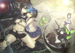  2girls 4girls absurdres black_bikini_top black_dress black_hair black_rock_shooter black_rock_shooter_(character) black_shorts black_sweater blue_eyes blue_skirt breasts burning_eyes cardigan chain cleavage collarbone dead_master dress dual_persona front-tie_bikini front-tie_top green_eyes highres holding holding_weapon horns kuroi_mato long_hair looking_at_viewer multiple_girls navel one_eye_closed open_cardigan open_clothes open_mouth pleated_skirt scar school_uniform scythe short_hair short_shorts shorts sitting skirt skull sola_(sola04) sweater takanashi_yomi 