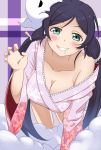  1girl absurdres baliu blush breasts cleavage ghost green_eyes highres japanese_clothes kimono large_breasts long_hair love_live!_school_idol_project off_shoulder purple_hair saliva solo teeth toujou_nozomi wide_sleeves yukata 