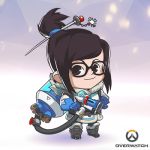  1girl artist_request blue_gloves boots brown_eyes brown_hair chibi copyright_name full_body glasses gloves hair_ornament hairpin lowres mei_(overwatch) official_art overwatch smile solo standing 