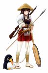  1girl akagi_(kantai_collection) bandolier blush brown_eyes brown_hair collar commentary_request failure_penguin fur gloves gun kantai_collection leash looking_at_viewer miniskirt miss_cloud polearm rifle sandals sandogasa skirt spear stole thigh-highs watanore weapon 