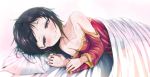  1girl bare_shoulders bed black_hair blanket breasts cleavage collarbone detached_sleeves dress kono_subarashii_sekai_ni_shukufuku_wo! looking_at_viewer lying megumin on_side pillow red_dress red_eyes rigorigo short_hair small_breasts smile solo squinting strapless strapless_dress transparent 