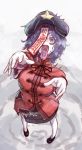  1girl full_body hat highres hoshibuchi jiangshi lavender_eyes lavender_hair looking_at_viewer miyako_yoshika ofuda open_mouth outstretched_arms shirt skirt solo star tongue tongue_out touhou zombie_pose 