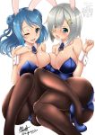  2girls bad_leg black_legwear blue_eyes blue_hair breast_press breasts bunnysuit double_bun embarrassed hair_ornament hair_over_one_eye hairclip hamakaze_(kantai_collection) hand_on_own_chest highres kantai_collection kongou_(kantai_collection) kuga_zankurou large_breasts leotard long_hair looking_at_viewer multiple_girls off_shoulder open_mouth pantyhose silver_hair simple_background sitting urakaze_(kantai_collection) 