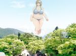  1girl big_belly bikini blush breasts brown_hair fat giantess hill huge_breasts navel original outdoors panah red_eyes short_hair solo swimsuit thick_thighs thighs tree 