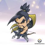  1boy artist_request beard black_hair bow_(weapon) brown_eyes chibi copyright_name facial_hair full_body hanzo_(overwatch) lowres male_focus overwatch solo weapon 