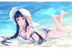  1girl artist_request beach bikini blue_hair blush brown_eyes hat idolmaster idolmaster_million_live! kitakami_reika long_hair looking_at_viewer lying on_stomach open_mouth solo swimsuit twintails 