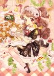  1girl :d ^_^ animal animal_on_shoulder apron bangs bird bird_on_shoulder blush bow brooch brown_hair carrying chalkboard closed_eyes clouds cup dress food fork hair_bow hairband jam jar jewelry knees_together_feet_apart lolita_hairband long_hair looking_at_viewer macaron maid maid_headdress mary_janes menu mokarooru omurice open_mouth original over-kneehighs pale_color pink_legwear plant puffy_short_sleeves puffy_sleeves red_eyes ribbon saucer shoes short_sleeves sitting sitting_on_cloud slice_of_cake smile solo spoon teacup teapot thigh-highs tray two_side_up vines 