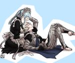  2girls artist_name barefoot blue_hair closed_eyes crossed_legs dl fire_emblem fire_emblem_if flora_(fire_emblem_if) forehead_kiss kiss lying maid maid_headdress multiple_girls my_unit_(fire_emblem_if) on_back pointy_ears silver_hair sitting smile yuri 