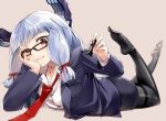  1girl bespectacled brown_eyes chess_piece formal glasses kantai_collection murakumo_(kantai_collection) necktie one_eye_closed silver_hair suit yasu_(yossy) 
