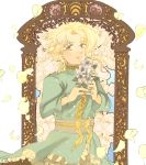  1girl blonde_hair dress flower green_dress holding holding_flower kohaku_(wish) miturousoku petals smile solo wish yellow_eyes 