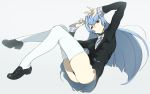  1girl absurdres arms_up blue_eyes blue_hair breasts highres kiznaiver loafers long_hair q_(ed69) shoes simple_background skirt solo sonozaki_noriko thigh-highs white_background white_legwear 