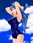  1girl blue_hair green_eyes long_hair original school_swimsuit standing swimsuit yagisaka_seto 