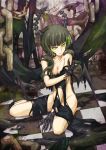  1girl black_hair black_rock_shooter breasts chain checkered checkered_floor cleavage collarbone covering covering_breasts dead_master dress green_eyes horns long_hair looking_at_viewer shanpao sitting solo torn_clothes torn_dress wings 