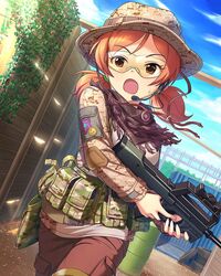  1girl artist_request brown_eyes brown_hair bullpup character_name glasses gun hat headset idolmaster idolmaster_cinderella_girls komatsu_ibuki low_twintails official_art pants scarf twintails weapon 