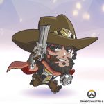  1boy artist_request beard black_hair chibi cigar clenched_teeth copyright_name facial_hair full_body gun handgun hat lowres male_focus mccree_(overwatch) mouth_hold official_art overwatch revolver running solo teeth weapon 