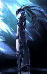  1girl belt black_boots black_gloves black_hair black_rock_shooter black_rock_shooter_(character) black_shorts blue_eyes boots burning_eyes from_behind gloves highres long_hair short_shorts shorts solo takka_(aegis9294) 