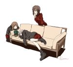  3girls ankle_boots black_jacket book boots brown_eyes brown_hair commentary_request couch girls_und_panzer itsumi_erika jacket long_hair multiple_girls nishizumi_maho nishizumi_miho red_shirt red_skirt shirt short_hair silver_hair skirt sleeping tora_jun white_background 