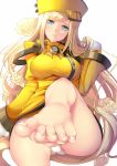  1girl bangs barefoot blonde_hair blue_eyes blurry breasts fay feet flower gloves guilty_gear guilty_gear_xrd hair_tucking hand_in_hair hat head_tilt long_hair long_sleeves looking_at_viewer millia_rage panties pantyhose parted_lips pov_feet sitting smile solo swept_bangs toenails toes underwear very_long_hair white_background white_gloves white_panties yellow_hat 