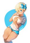  1girl artist_name bare_legs blonde_hair blue_eyes bow hair_bow hair_over_one_eye hand_on_own_chest hand_on_own_face looking_at_viewer original shiny shiny_skin short_hair short_shorts shorts solo sukja sweatdrop tan 