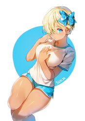  1girl artist_name bare_legs blonde_hair blue_eyes bow hair_bow hair_over_one_eye hand_on_own_chest hand_on_own_face looking_at_viewer original shiny shiny_skin short_hair short_shorts shorts solo sukja sweatdrop tan 