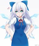  :3 :d artist_name black_hat blue_bow blue_dress blue_eyes blue_hair blush bow bowtie choujigen_game_neptune cirno cirno_(cosplay) cowboy_shot crossed_bangs crystal detached_wings dress fairy fairy_wings frilled_sleeves frills hair_between_eyes hair_bow hands_on_hips hat ice ice_wings jumper keenh long_hair looking_at_viewer neptune_(series) open_mouth puffy_short_sleeves puffy_sleeves red_bow red_bowtie shirt short_sleeves simple_background sleeveless sleeveless_dress smile smiley_face symbol-shaped_pupils very_long_hair white_background white_shirt wings 