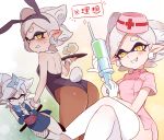  +_+ alternate_costume animal_ears annoyed ass blush bunny_tail bunnysuit cup detached_collar domino_mask drink drinking_glass earrings eyebrows gloves grin hat hotaru_(splatoon) jewelry looking_at_viewer mask mole mole_under_eye multiple_persona ninja nurse pointy_ears pose rabbit_ears short_hair shuriken silver_hair smile splatoon strapless sweatdrop symbol-shaped_pupils syringe tail tentacle_hair tentacles thick_eyebrows thigh-highs toku_(ke7416613) white_gloves white_legwear yellow_eyes 