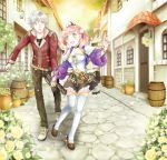  1boy 1girl :o atelier_(series) atelier_escha_&amp;_logy barrel black_pants brown_skirt chima_(angelique) choker escha_malier flower full_body green_eyes jacket logix_ficsario pants pink_hair shoes short_hair skirt smile tail thigh-highs twintails white_hair white_legwear yellow_eyes 