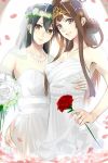  2girls alternate_costume armpits blue_eyes bouquet bridal_veil brown_eyes brown_hair camel000 collarbone double_bun dress flower grey_hair hair_flower hair_ornament hand_on_another&#039;s_hip haruna_(kantai_collection) jewelry kantai_collection kongou_(kantai_collection) long_hair looking_at_viewer multiple_girls necklace petals ring rose rose_petals smile tagme veil wedding_band wedding_dress white_rose 