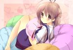  1girl brown_eyes brown_hair clannad cushion dango_daikazoku furukawa_nagisa momijiko okazaki_tomoya pillow school_uniform serafuku short_hair 