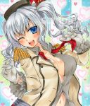  1girl ;d blue_eyes blush breasts cleavage epaulettes gloves hat heart heart_background kantai_collection kashima_(kantai_collection) navel one_eye_closed open_mouth parune_chigetsu short_hair silver_hair smile solo traditional_media twintails white_gloves 