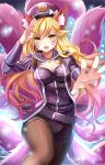  1girl 2016 ahri alternate_costume alternate_hair_color animal_ears artist_name bangs belt blonde_hair bow breasts brown_legwear cleavage epaulettes eyebrows eyebrows_visible_through_hair felicia-val fox_ears fox_tail hair_between_eyes hat hat_bow hat_ribbon heart heart_necklace jacket league_of_legends light_particles long_hair long_sleeves microphone multiple_tails open_clothes open_jacket outstretched_arm palms pantyhose peaked_cap popstar_ahri reaching ribbon salute shade signature smile solo sparkle tail whisker_markings white_bow 