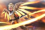  1girl alex_negrea blonde_hair blue_eyes breasts cowboy_shot energy glowing glowing_wings high_ponytail highres holding light_smile lips looking_at_viewer mechanical_halo mechanical_wings mercy_(overwatch) nose overwatch realistic short_hair solo staff watermark web_address wings 