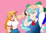  artist_request blue_dress blue_hair bow cirno cuffs dress hair_bow hand_on_another&#039;s_head highres horn hoshiguma_yuugi ice ice_wings oni sakazuki touhou wings 