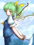  1girl arms_behind_back ascot blue_sky clouds daiyousei fairy_wings green_eyes green_hair hair_ribbon highres hoshibuchi interlocked_fingers looking_at_viewer pointy_ears puffy_short_sleeves puffy_sleeves ribbon shirt short_sleeves side_ponytail skirt skirt_set sky solo touhou vest wings 
