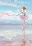  1girl bare_legs bow brown_hair cardcaptor_sakura dress eve_kurigoyu from_behind hair_bow highres kinomoto_sakura petticoat pink_bow pink_ribbon puffy_short_sleeves puffy_sleeves reflection ribbon short_hair short_sleeves sky solo standing white_wings wings 