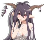  1girl antenna_hair bandaged_arm bandages black_gloves black_hair breasts cleavage crescent danua dress fingerless_gloves gloves granblue_fantasy hair_between_eyes highres horn_ornament horns jewelry large_breasts long_hair looking_at_viewer momomi_patricia necklace pointy_ears red_eyes solo thumb_sucking white_background white_dress 