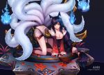  1girl ahri all_fours animal_ears bangs bare_shoulders black_hair blue_fire braid breasts character_name cleavage closed_mouth copyright_name curry_bowl detached_sleeves fire fox_ears large_breasts leaf league_of_legends long_hair long_sleeves looking_at_viewer low-tied_long_hair multiple_tails sash shoes single_braid smile solo swept_bangs tail tassel very_long_hair whisker_markings wide_sleeves yellow_eyes 