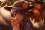  1girl black_hat blue_hair blush bow bowler_hat bowtie collared_shirt covering_mouth food fruit hat hinanawi_tenshi holding holding_food holding_fruit leaf long_hair looking_at_viewer okakan peach plant red_bow red_bowtie red_eyes shirt solo touhou tree_branch upper_body white_shirt wing_collar 