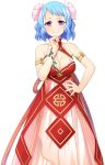  1girl bare_shoulders blue_hair blush breasts cleavage flower hair_flower hair_ornament hand_on_hip hand_on_own_chin koihime_musou large_breasts looking_at_viewer short_hair simple_background solo violet_eyes 