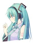  1girl alternate_eye_color blue_hair detached_sleeves from_side hatsune_miku headphones highres kazenoko long_hair necktie red_eyes shirt simple_background solo twintails upper_body vocaloid white_background 