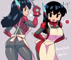  1girl :d =3 apron ass asta_rindo bangs black_eyes black_hair bodysuit breasts closed_mouth contrapposto gloves grey_bodysuit hand_up highres holding holding_ladle ladle large_breasts long_hair multiple_views open_mouth original rariatto_(ganguri) red_gloves robot_ears smile spoken_object translation_request tying_apron white_apron 