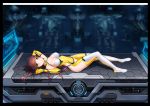  1girl absurdres breasts brown_hair commentary_request elbow_gloves english gloves highres holographic_monitor large_breasts long_hair looking_at_viewer lying on_back original plugsuit smile solo very_long_hair yellow_eyes zhong_yan_shaonu 