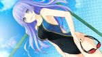  1girl breasts collarbone competition_swimsuit covered_navel date_a_live grey_eyes izayoi_miku long_hair official_art one-piece_swimsuit open_mouth outdoors sideboob solo swimsuit tsunako violet_eyes 