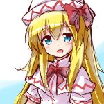  1girl :d blonde_hair blue_eyes blush bow capelet dress hair_bow hat head_tilt lily_white long_hair looking_at_viewer open_mouth ryogo short_sleeves smile solo touhou 